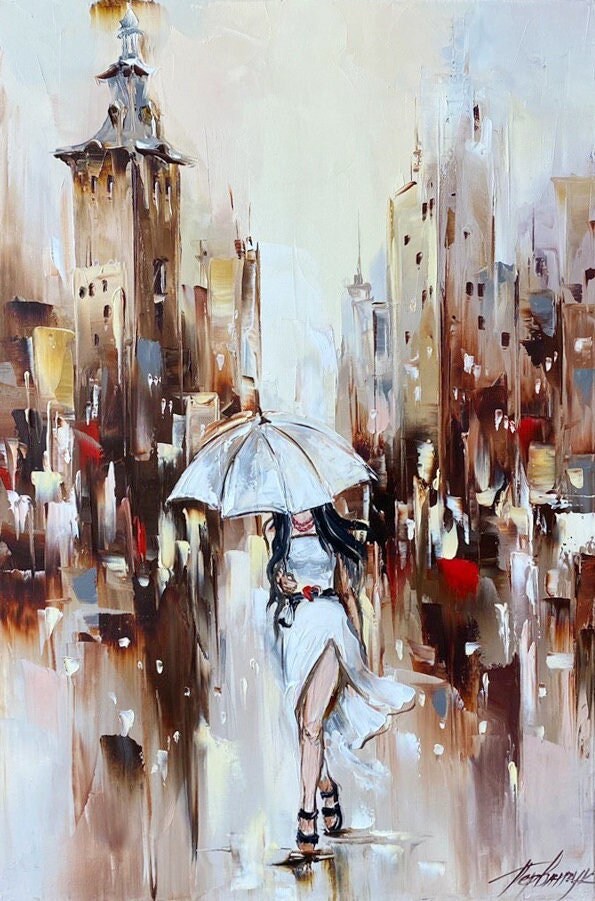 Large Woman in the Rain With Umbrella Painting on Canvas Abstract Rain Wall Art Modern Umbrella Home Decor Abstract Woman Painting 36x48