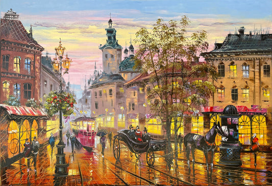 Europe Cityscape Painting Original European Wall Art Canvas City Artwork Living Room Decor Colorful Evening in Old Town Lviv Oil Painting