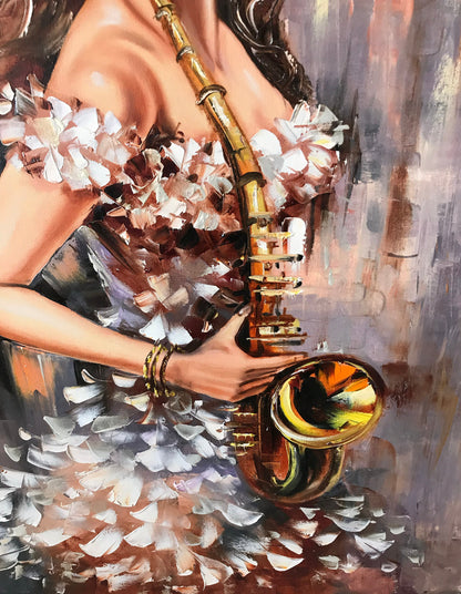 Abstract Figurative Painting Woman Playing Saxophone Oil Painting Modern Figurative Art Jazz Painting Gray Gold Painting Abstract Woman Art