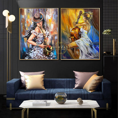 Set of 2 Large Canvas Paintings 2 Piece Wall Art Woman Pair Oil Paintings Diptych Painting Set of 2 Music Anniversary Gift Paintings Set