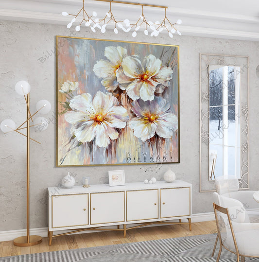 Abstract Flower Original Painting Extra Large Wall Art Luxury Artwork Modern Daisy Painting Contemporary White Gold XL Large Abstract Art