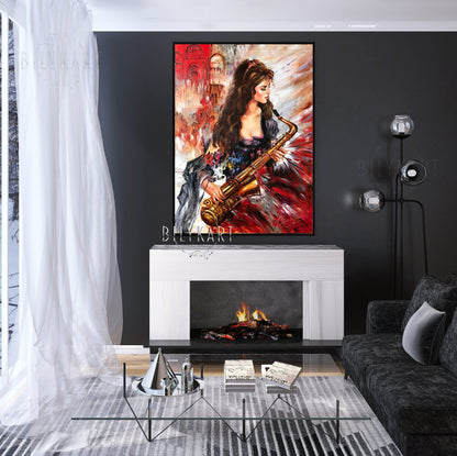 Large Abstract Saxophonist Player Painting Jazz Music Art Canvas Modern Tenor Saxophone Gift Girl Playing Sax Oil Painting for Living Room