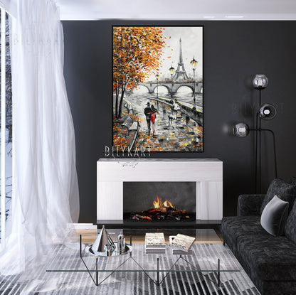 Couple in Love Painting Canvas Eiffel Tower Art Fall Oil Painting Fiance Gift for Her Paris Oil Painting French Artwork Romance Painting