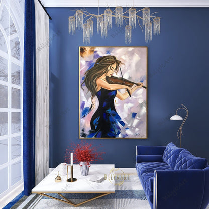 Abstract Girl with Violin Oil Painting Modern Woman Art Music Gifts for Her Royal Blue Painting 48x36 Elegant Wall Decor Contemporary Art