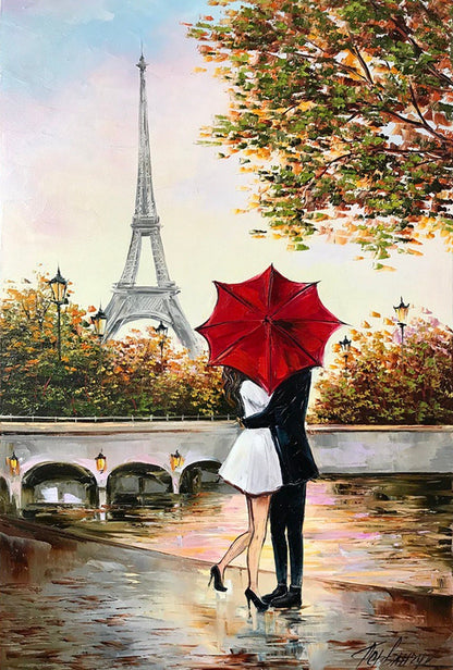 Couple Kissing Under Red Umbrella Painting Romantic Wall Art for Bedroom Lovers Painting Romance Artwork Paris Scenery Autumn Oil Painting