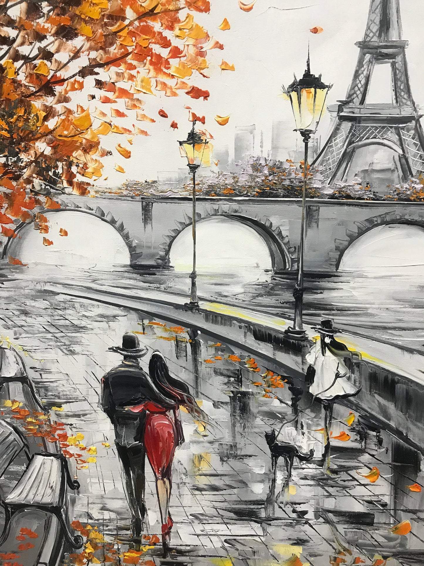 Couple in Love Painting Canvas Eiffel Tower Art Fall Oil Painting Fiance Gift for Her Paris Oil Painting French Artwork Romance Painting