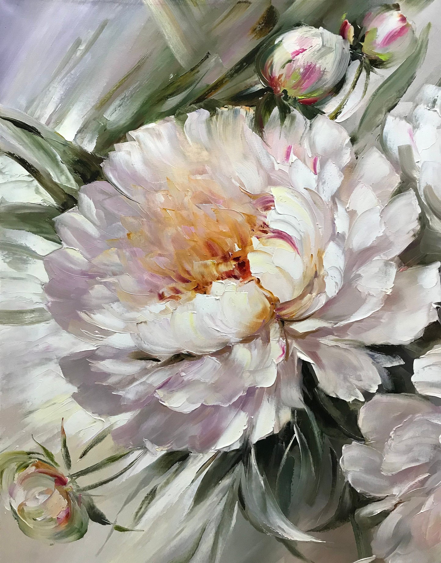 Abstract Peonies Painting Original Peony Wall Art Big Flower Painting Pastel Color Artwork White Peony Oil Painting 36x36 Large Floral Art