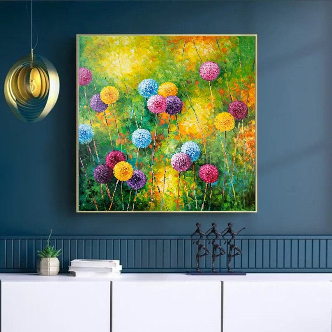 Dandelion Flowers Oil Painting Extra Large Wall Art Wildflowers Painting Master Bedroom Decor Grass Painting Field of Flowers Big Painting