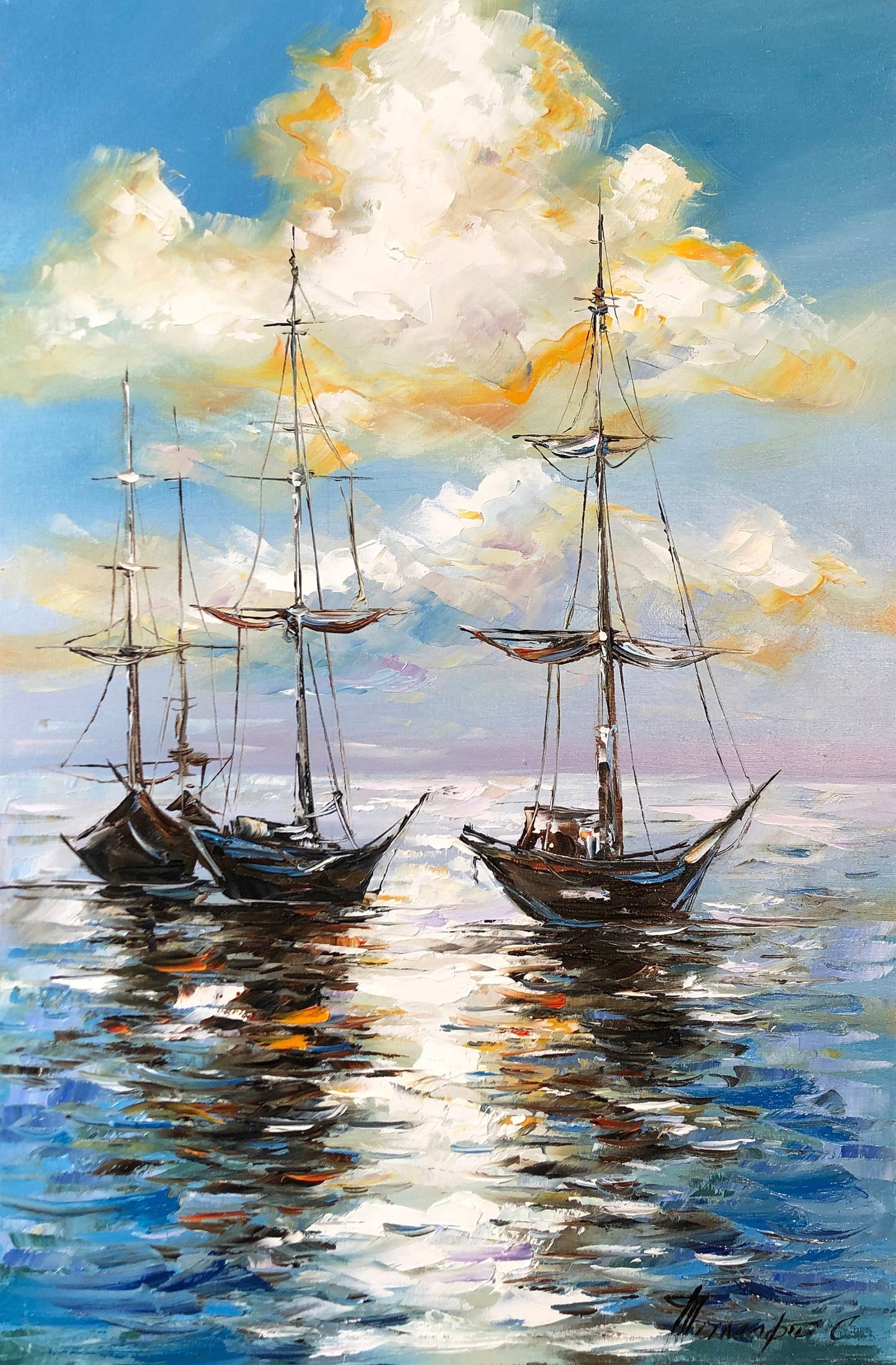 Sail Boat at Sea Oil Painting, Original Sailboats Painting, Sailing Wall Art, Custom Boat Painting on Canvas, Colorful Sunset Boats Art