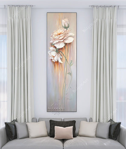 Long Narrow Wall Art Large Roses Flowers Oil Painting Tall Wall Art Pastel Colors Flowers Painting Long Painting Vertical Narrow Wall Decor