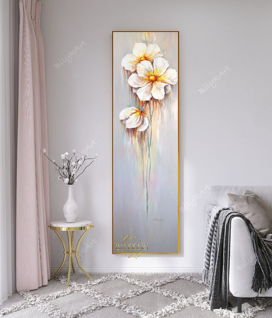 Long Narrow Wall Art Large Daisy Flowers Oil Painting Tall Wall Art Soft Pastel Painting Long Painting Vertical Narrow Dinning Room Decor