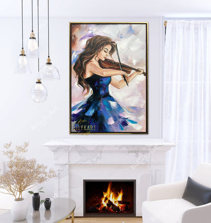 Beautiful Woman with Violin Oil Painting Abstract Girl Wall Art Young Lady Gift Music Art Luxury Painting Royal Blue Wall Art Musician Decor