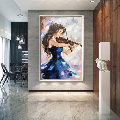 Beautiful Woman with Violin Oil Painting Abstract Girl Wall Art Young Lady Gift Music Art Luxury Painting Royal Blue Wall Art Musician Decor