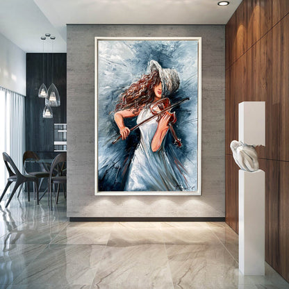 Girl Playing Violin Oil Painting Original Woman in Hat Canvas Wall Art Abstract Violin Art Music Painting Modern Living Room Wall Decor