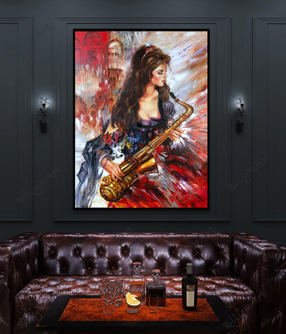 Large Abstract Saxophonist Player Painting Jazz Music Art Canvas Modern Tenor Saxophone Gift Girl Playing Sax Oil Painting for Living Room