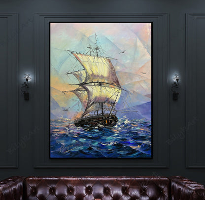 Sail Boat Oil Painting on Canvas, Blue Ship Oil Painting, Sailing Ship Art, Handmade Oil Painting Sea, Large Sailboat Oil Painting Original