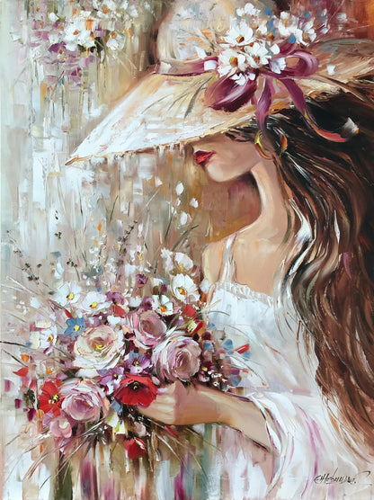 Pretty Woman With Flowers Painting Flower Girl Paintings of Elegant Lady in Hat Wedding Art Gift Bouquet Painting Original Female Face Art