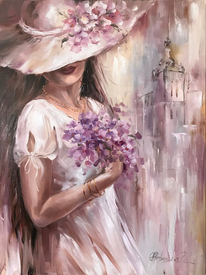 Beautiful woman with flowers painting Flower head painting of young lady Light pink wall art Hydrangea painting original Pretty woman art