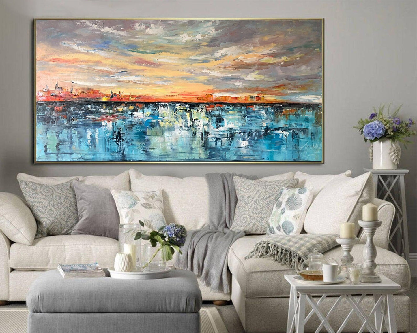 Large Abstract Oil Painting Original Ocean Sunset Wall Art Handmade Long Horizontal Oil Painting Sea Large Yellow and Blue Painting 40x80