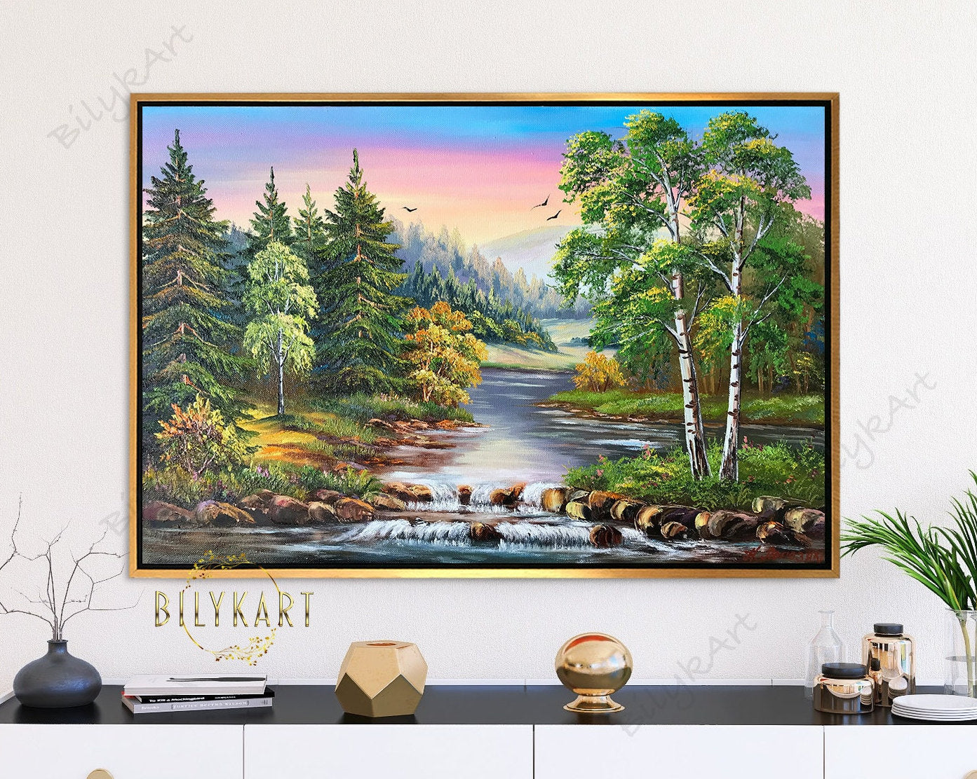 Green Forest Painting Original Trees Wall Art River Oil Painting on Canvas Pine Tree Artwork Nature Art for Bedroom Landscape Painting Oil