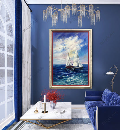 Large Sailboat at Sea Oil Painting on Canvas, Blue Ocean Wave Wall Art, Sailboat Paintings, Boat Artwork, Large Boat Seascape Oil Painting