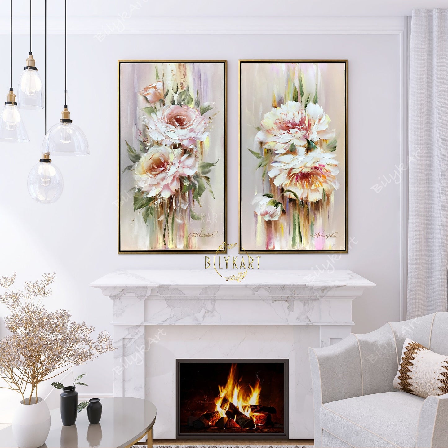 Long Vertical Paintings 2 Piece Abstract Flowers Wall Art Work Canvas Pastel Flower Oil Painting 12x24 Original Floral Vertical Art Set