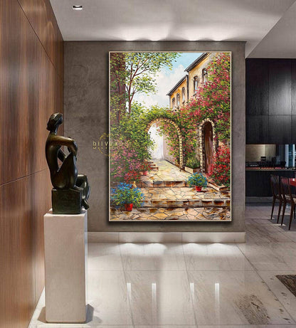 Tuscany Oil Painting Italy Canvas Wall Art Italy Landscape Painting Original Narrow Streets of Tuscany Wall Art Italian Village Artwork