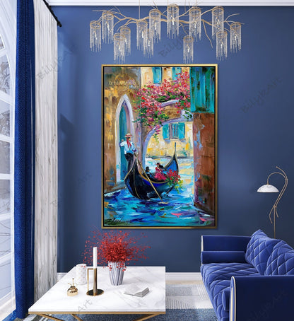 Venice Italy Oil Painting on Canvas Original European Wall Art Boat Decor for Home Blue Painting Italian Artwork Anniversary Gift for Wife