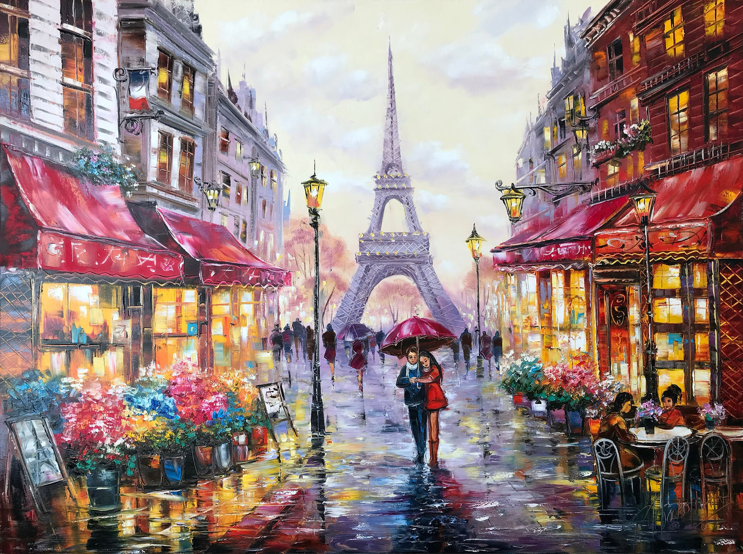 Love in Paris Oil Painting Original Red Umbrella Painting Eiffel Tower Art Evening Walk in Paris Couple in Love Art Night Time Wall Art