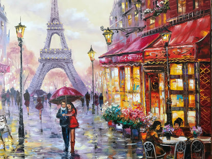 Love in Paris Oil Painting Original Red Umbrella Painting Eiffel Tower Art Evening Walk in Paris Couple in Love Art Night Time Wall Art