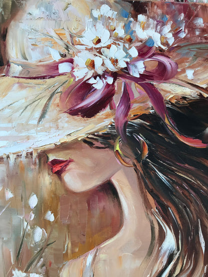 Pretty Woman With Flowers Painting Flower Girl Paintings of Elegant Lady in Hat Wedding Art Gift Bouquet Painting Original Female Face Art