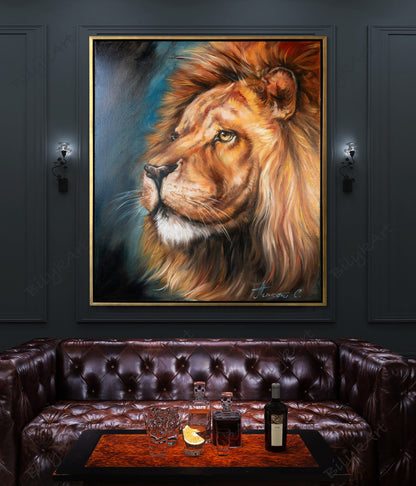 Lion Head Oil Painting On Canvas Abstract Animal Art Blue Brown Wall Art Brave Painting Lion Gift For Men Safari Decor Lion King Painting