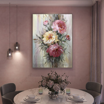 Abstract Floral Paintings on Canvas Oversized Modern Room Decor Pink Peonies Oil Painting Extra Large Contemporary Flower Abstract Wall Art