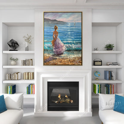 Beach Girl Oil Painting Woman By The Ocean Wall Art Romantic Gift for Her Blue Sea Painting California Beach Wall Art Seashore Art Decor