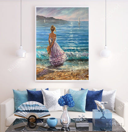 Beach Girl Oil Painting Woman By The Ocean Wall Art Romantic Gift for Her Blue Sea Painting California Beach Wall Art Seashore Art Decor