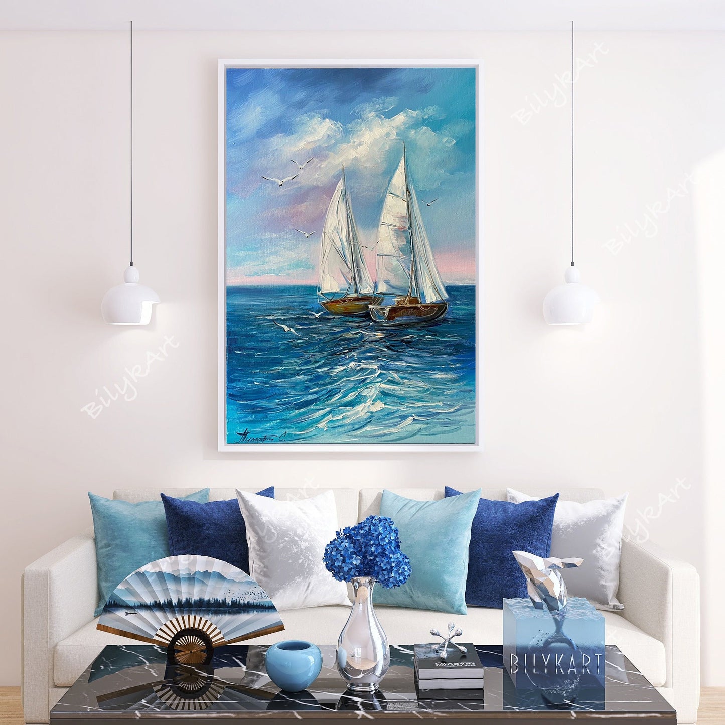 Original Sailboats Sea Oil Painting on Canvas, Blue Ocean Waves Wall Art, Large Boat Sunset Home Decor, Modern Nautical Oil Painting 30x40