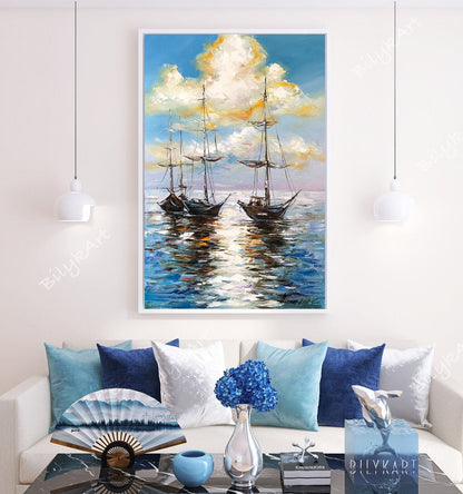 Sail Boat at Sea Oil Painting, Original Sailboats Painting, Sailing Wall Art, Custom Boat Painting on Canvas, Colorful Sunset Boats Art