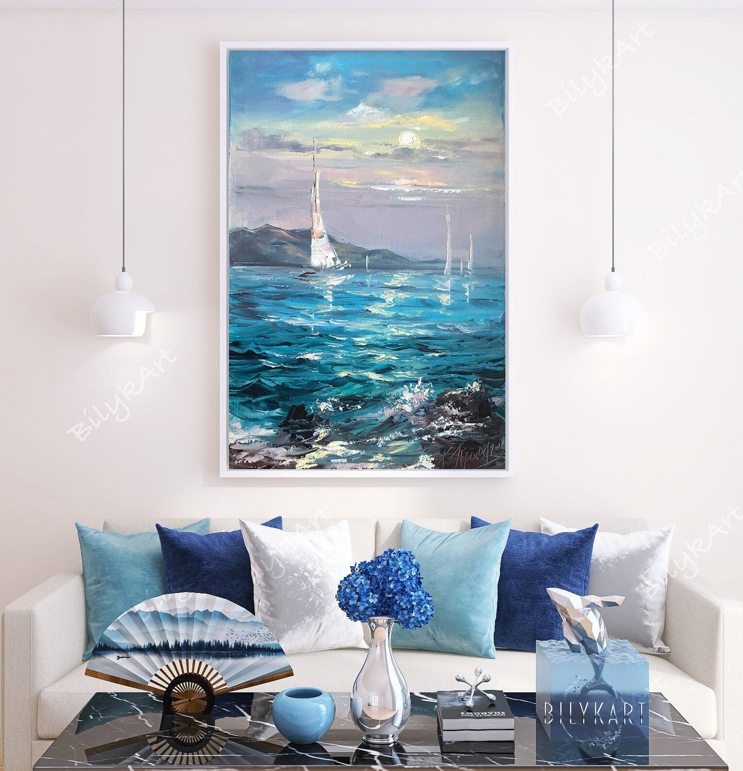 Large Blue Sea Painting Original Art Seascape Paintings on Canvas Abstract Sea Art Sailboat Wave Oil Painting Abstract Shore House Wall Art