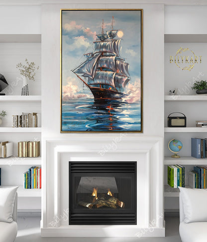 Navy Ship at Sea Painting on Canvas Large Sailing Wall Art Peace Oil Painting Seaside Decor Shore House Art Seascape Painting Original