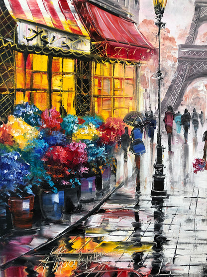 Rainy Paris Street Oil Painting Original | Large Parisian Artwork | Custom Romantic Couple Walking in the Rain Painting | Love City Art on Canvas