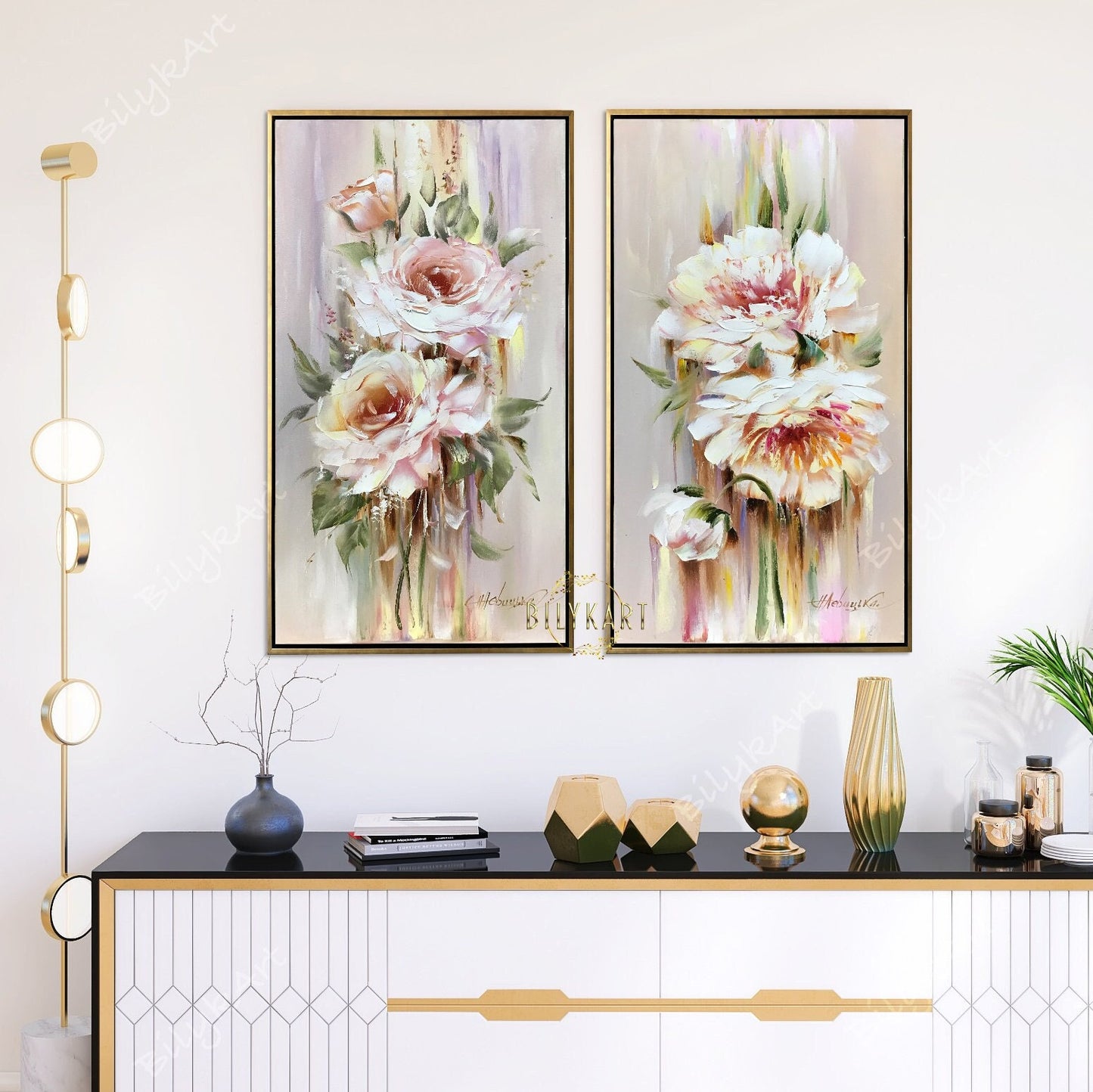 Long Vertical Paintings 2 Piece Abstract Flowers Wall Art Work Canvas Pastel Flower Oil Painting 12x24 Original Floral Vertical Art Set