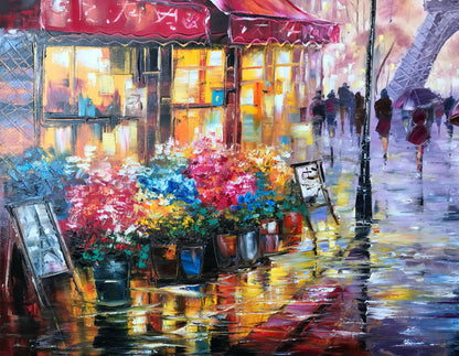 Love in Paris Oil Painting Original Red Umbrella Painting Eiffel Tower Art Evening Walk in Paris Couple in Love Art Night Time Wall Art