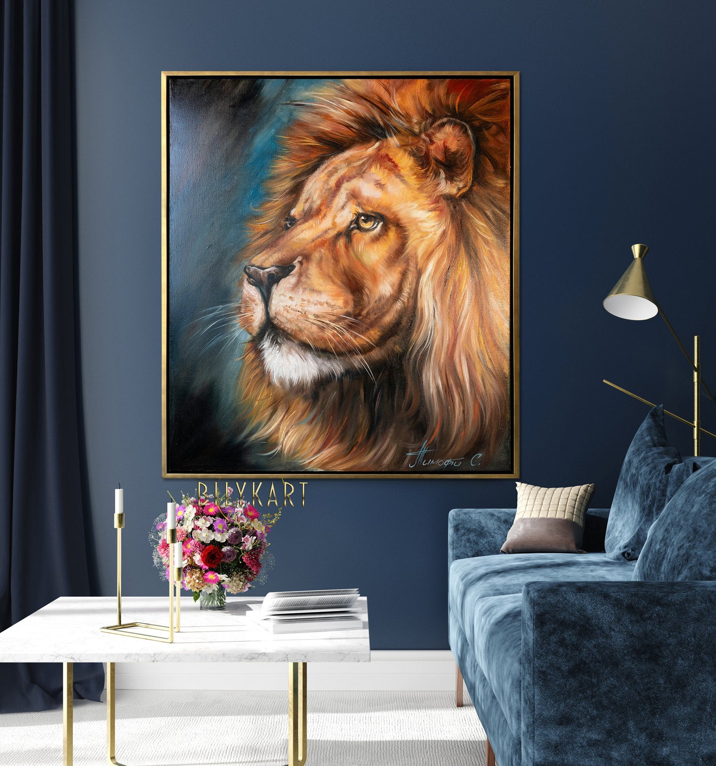 Lion Head Oil Painting On Canvas Abstract Animal Art Blue Brown Wall Art Brave Painting Lion Gift For Men Safari Decor Lion King Painting