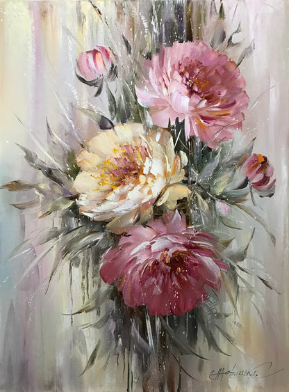 Abstract Floral Paintings on Canvas Oversized Modern Room Decor Pink Peonies Oil Painting Extra Large Contemporary Flower Abstract Wall Art