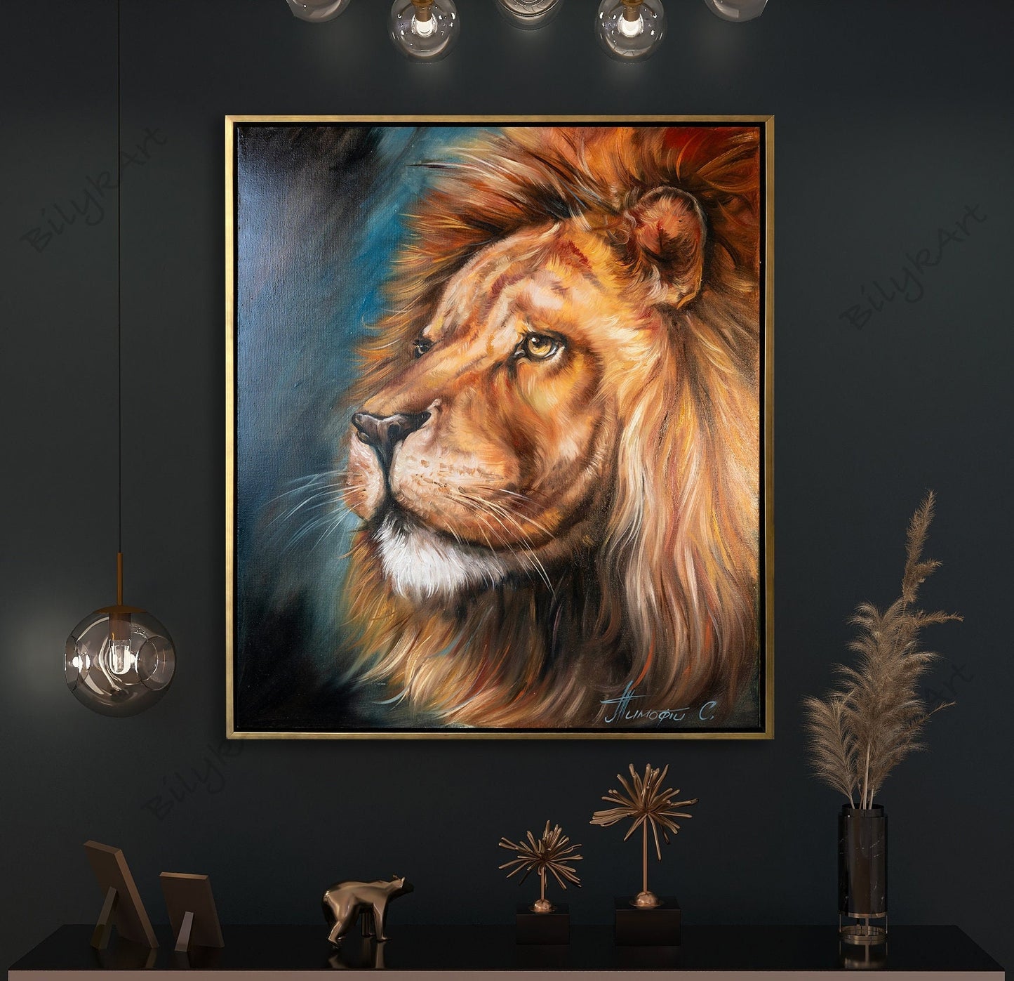 Lion Head Oil Painting On Canvas Abstract Animal Art Blue Brown Wall Art Brave Painting Lion Gift For Men Safari Decor Lion King Painting