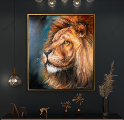 Lion Head Oil Painting On Canvas Abstract Animal Art Blue Brown Wall Art Brave Painting Lion Gift For Men Safari Decor Lion King Painting