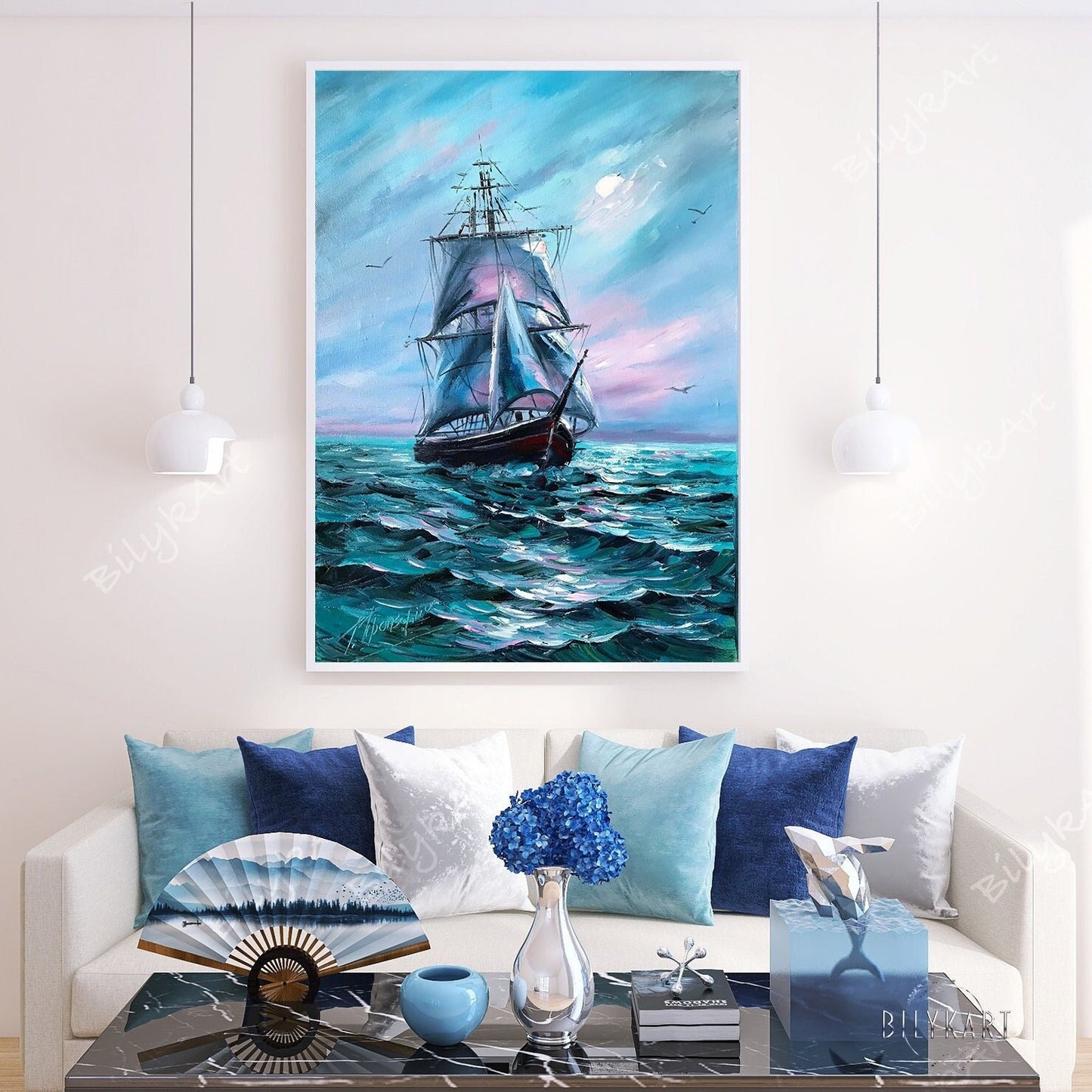 Large Sailing Ship Oil Painting Original Navy Blue Ocean Waves Painting Nautical Canvas Art Seascape Oil Painting Sailing Yacht Wall Art