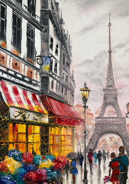 Rainy Paris Street Oil Painting Original | Large Parisian Artwork | Custom Romantic Couple Walking in the Rain Painting | Love City Art on Canvas