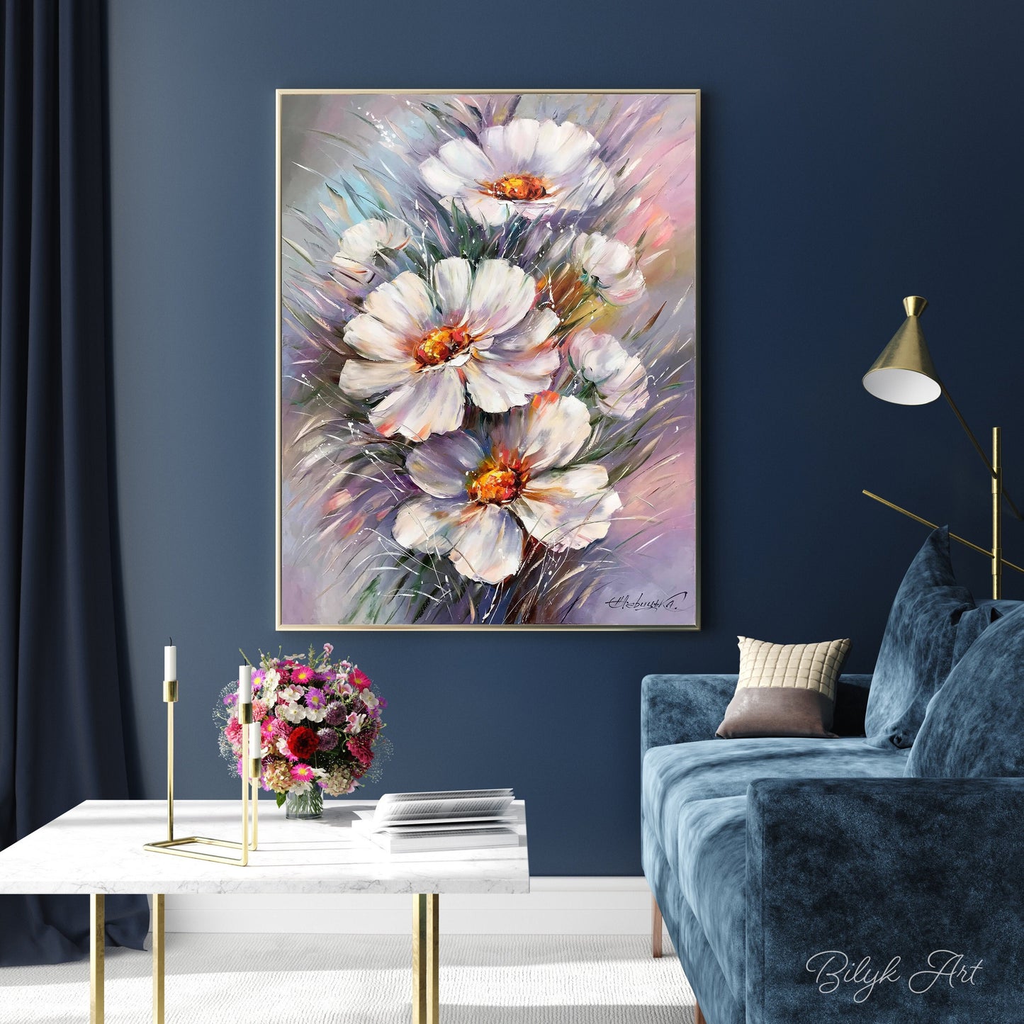 White Daisies Oil Painting Original Abstract Large Canvas Wild Flowers Wall Art Gerbera Daisy Gift Pink Purple Modern Floral Painting 36x48