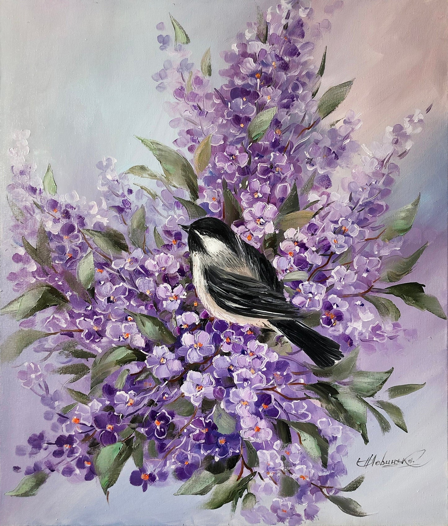 Bird Oil Painting Original Flycatcher Bird and Flower Painting on Canvas Purple Blossom Flowers Wall Art Custom Bird in Tree Painting Gift